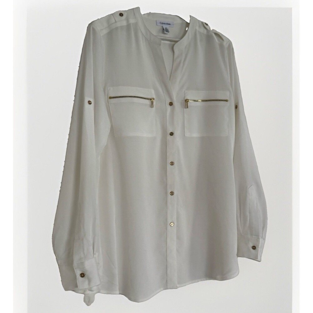 Calvin Klein Sz L Woman Chiffon Button Blouse Ivory White Roll Tap Sleeve